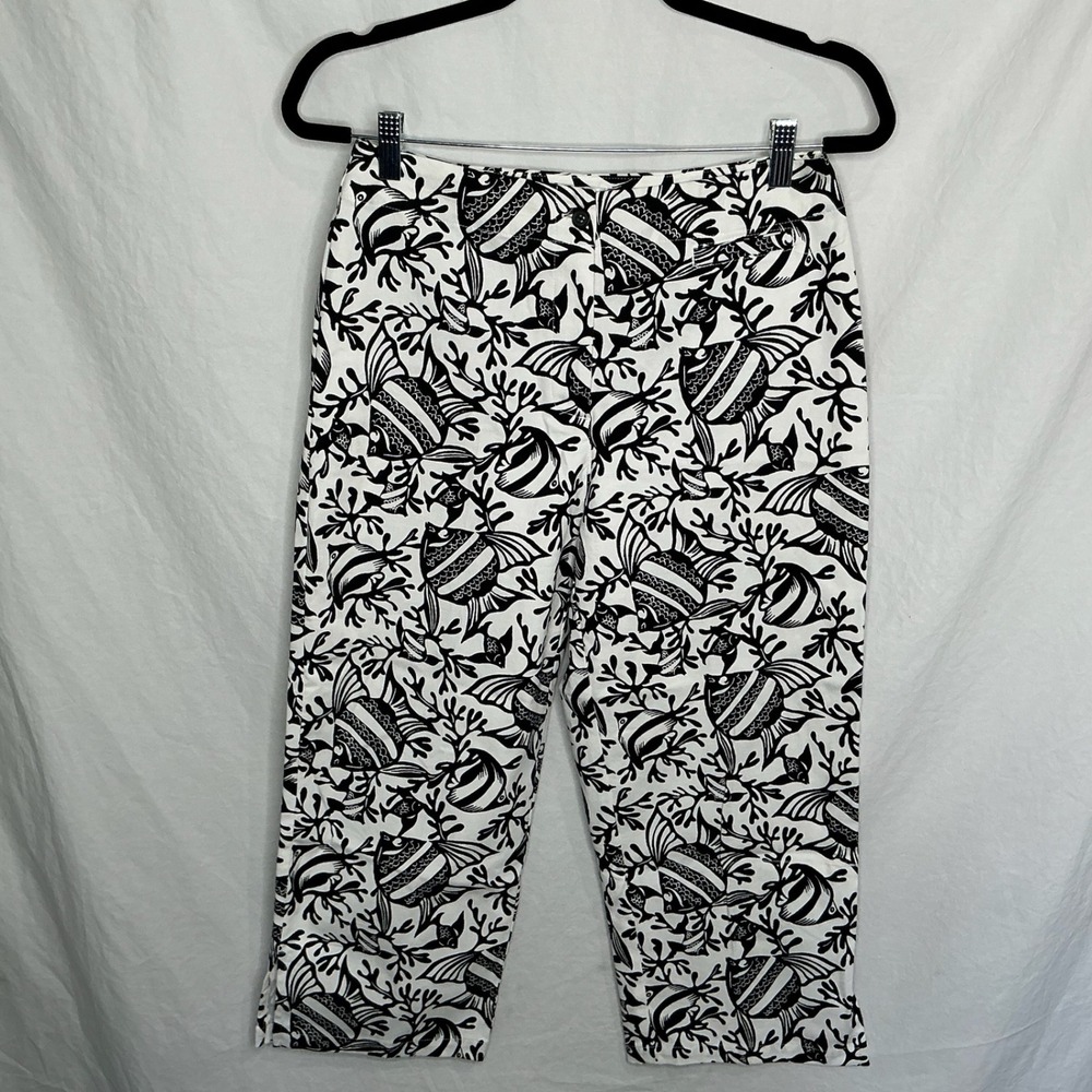 Talbots Pants Women's 6 Fish Print Black White Tropical Beach Straight‎ Leg VTG
